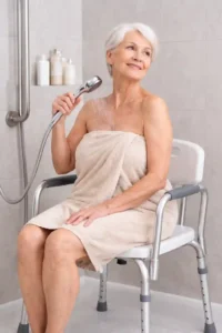 Senior woman sitting on shower chair