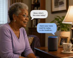 Senior speaking to Alexa