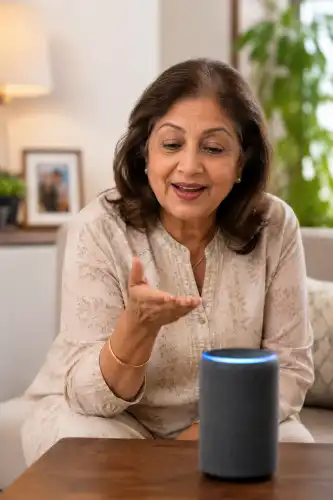 Senior woman speaking to Alexa